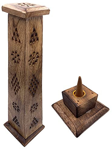Support encens (encensoir) Tour en Bois sculpté à la Main en Inde - Design Exclusif et Unique. 30x8x8 cm - Poids 280 g. Porte-encens en Bois