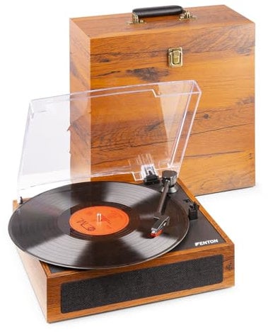 Fenton RP170D Tocadiscos y Estuche para vinilos con grabación Bluetooth, Parada automatica, 3 velocidades, Estuche para 30 Discos, Salida RCA, Entrada Mini Jack, Salida de Auriculares, Madera Clara