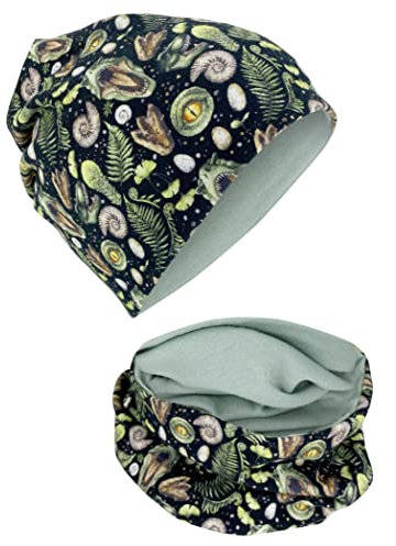 HECKBO T-Rex Beanie & Halstuch Set - Dino Motiv für Abenteuer - Wendeoption grün - Kinder 2-8 Jahre - Baumwolle - Schule & Spielplatz