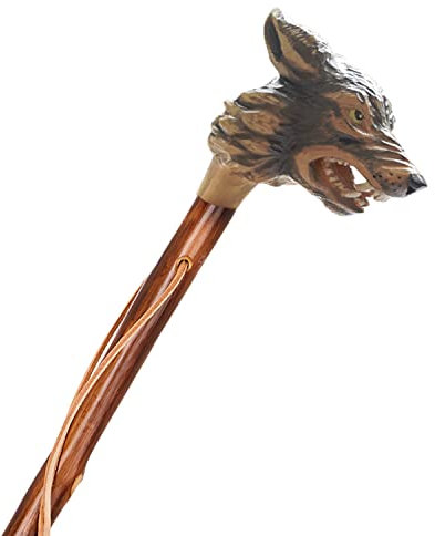 Jagd-Schnitzerei Peter Wanderstock Holz mit grimmigen Wolfskopf (120 cm)