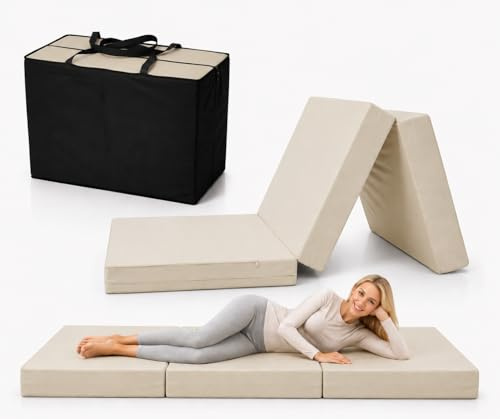 Odolplusz Klappmatratze Faltmatratze Klappbett - Made IN EU - als Matratze Gästebett Gästematratze einsetzbar (Beige mit Tasche, 80 x 200 cm)