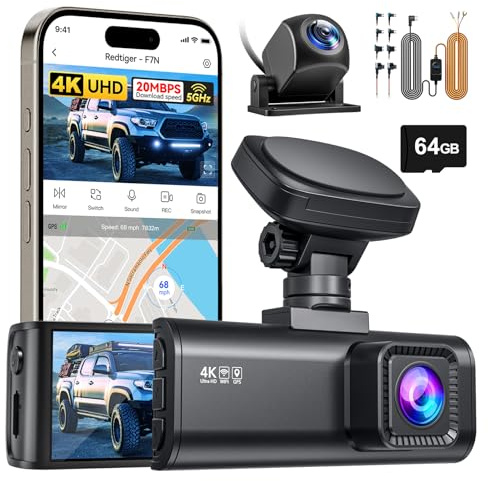 REDTIGER F7N 4K Dashcam und Hardwire Kit mit WiFi GPS Vorne 4K/2.5K und Hinten 1080P Dash Kamera, Inklusive 64G Karte, 3.18 Kamera Auto, 170° Weitwinkel Dashcam Auto, Parking Monitor