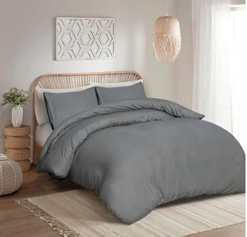 100% Egyptian Cotton Duvet Cover Set |200 Thread Count Plain Dyed Duvet Quilt Cover Set With Free Pillowcases| Non-Iron Easycare Bedding Set - Single Double King Super King Sizes (Grey, Super King)