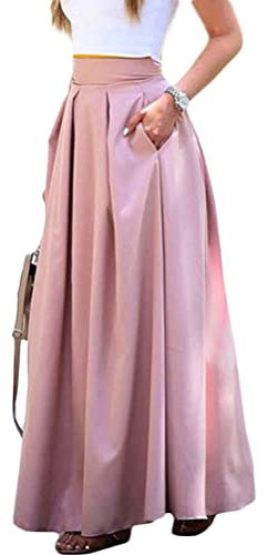 ORANDESIGNE Gonna Donna Elegante Elastica A-Linea Vita Alta Plissettata Swing Gonna Lunga Estate Vintage Casual Boho Maxi Gonne Cerimonia Festa Skirt Mare Spiaggia c Rosa L