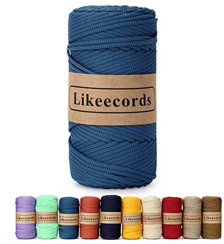 Likeecords Cordoncino in poliestere intrecciato macramè da 4 mm, lunghezza 400 m, per lavori fai da te, ganci per piante, borse e decorazioni per la casa (blu scuro)