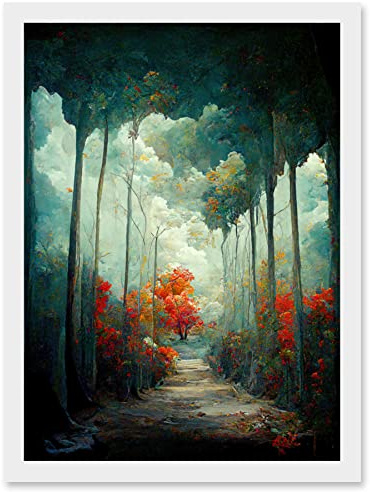Doppelganger33 LTD Autumn Forest Path Landscape Scene Painting Artwork Framed Wall Art Print A4