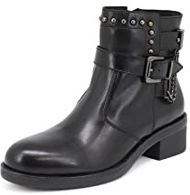 QUEEN HELENA Stivaletti di Pelle con Tacco Zip Laterale Stivali Bassi Borchiati con Fibbia Donna S269 (Nero, numeric_40)