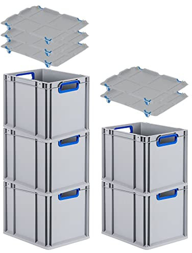 PROREGAL SuperSparSet 5x Eurobox NextGen Color mit Auflagedeckel & Schiebeschnappverschlüsse, HxBxT 32x30x40cm, 30L, Griffe blau offen, Glatter Boden, Eurobehälter Transportbox Transportbehälter