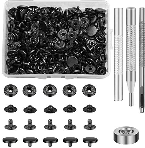 SUVSOON 50 Set Leather Snaps Fasteners Kit, 10mm Metal Snap Button Kit with 4 Pcs Snap Installation Tools, Leather Rivets Snaps for Sewing Clothing Bag Jeans DIY Crafting 