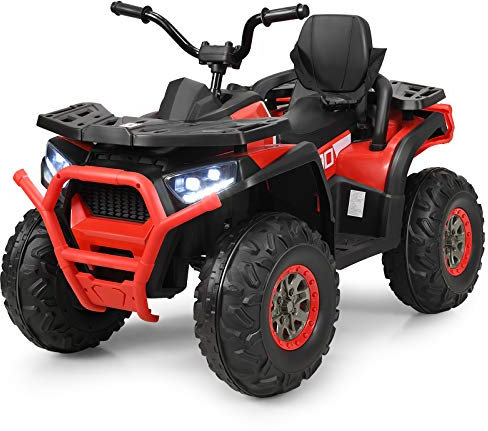 GYMAX Kids Ride on Quad Bike,12V Children Electric ATV w/LED Light,2 Speeds,USB/MP3/TF,Safety Belt & Spring Suspension,Battery Powered Toy Car 3 Years Old + Boys Girls (Red)