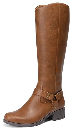 DREAM PAIRS Womens Comfortable Knee High Boots,Brown,7 | Motorcycle Style, 1.5-inch Low Chunky Heel, Side Zipper, Elastic Panel,