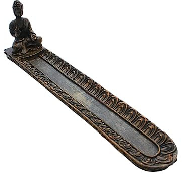 Dekohelden24 Porta incenso con statuetta di Buddha seduta, marrone, posa meditante con mano, dimensioni: 24 x 7 cm