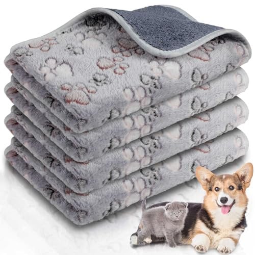Panelee Wasserdichte Hunde- und Welpen-Urinierunterlagen, weiche Katzendecken, Hunde-Schlafmatte, saugfähige Haustierdecke, Pfotenmuster, warmes Fleece, wiederverwendbar, Grau, 61 x 40 cm, 4 Stück