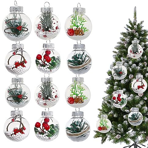 mumisuto Weihnachtskugeln Kunststoff, 12 Stück Christbaumkugeln Zum Befüllen, 6cm Weihnachtskugeln Plastik Transparent, Aufhängen Transparent Dekokugel, Weihnachtsbaumkugeln für Christbaumschmuck (1)