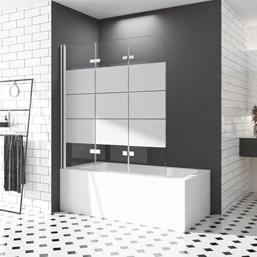 Duschtrennwand Badewanne 140x140 cm 3 teilig Milchglas Dekor Querstreifen Faltwand für Badewanne Duschabtrennung 6mm ESG Sicherheitsglas NANO Glas Duschwand