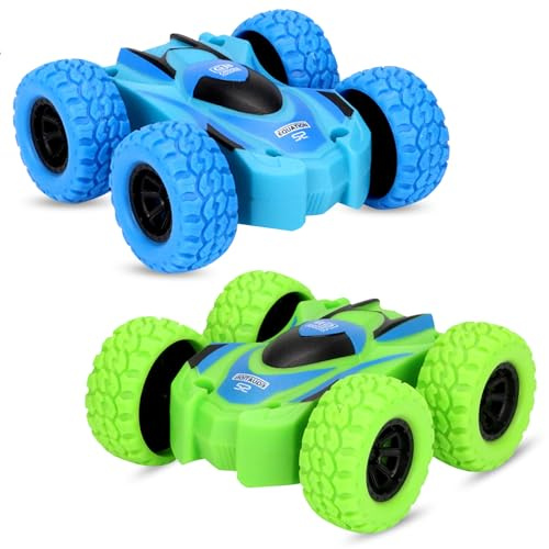 Yeefunjoy 2 Stück Monstertruck Auto Spielzeug, 360 Grad Rotierende Zurückziehen Trägheit Reibungsbetriebene Autos, Spielzeugautos Monster Trucks für 3+ Jahre Jungen Mädchen Kinder Geschenk (Grün Blau)