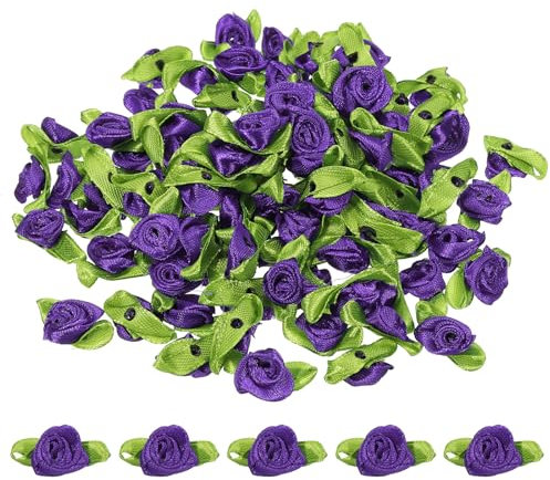 PATIKIL Mini Ribbon Roses, 100 Pcs Tiny Satin Fabric Flowers with Green Leaves Embellishments Rosettes Applique for DIY Crafts Sewing Wedding, Purple