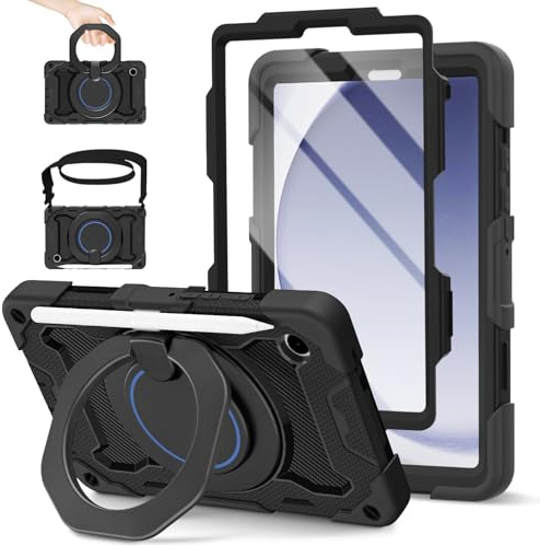 ROISKIN Funda para Samsung Galaxy Tab A9 de 8,7 pulgadas 2023: funda resistente para Tab A9 SM-X110/ SM-X115/ SM-X117 con soporte giratorio 360 y correa para el hombro y soporte para bolígrafo, negro
