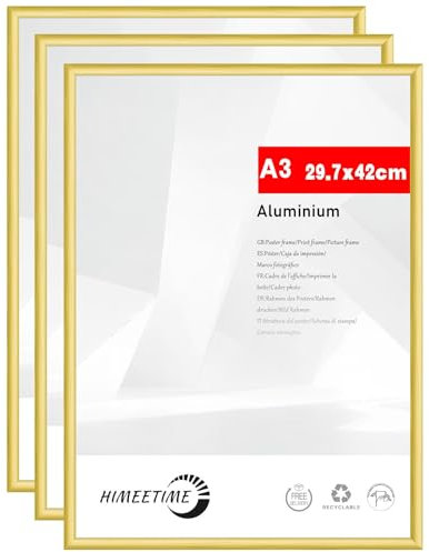 HIMEETIME® 3x Bilderrahmen A3 30x42 cm Gold Metall Rahmen,Dokumentenrahmen 29,7x42 cm Groß Collage,Metallrahmen Alu-Bilderrahmen Aluminium,Picture Frame A3 Fotorahmen