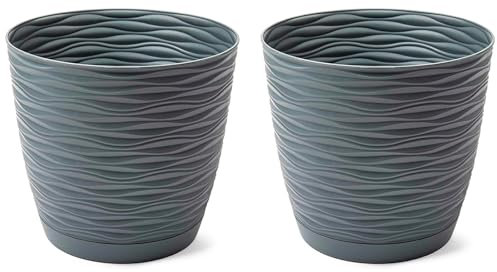 AC - Pack de 2 Macetas Redondas con Plato - Diseño Wind (Ø 27 cm) - Fabricado en plástico - Ideal para jardín Exterior, terraza o balcón - Color Antracita