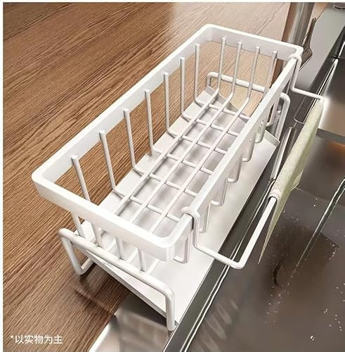 LOHAS Home Caddie d’évier de Cuisine en Acier au Carbone, Porte-éponge Porte-Savon Auto-vidange avec Support de torchon Amovible pour Organisateur de comptoir de Cuisine, Blanc
