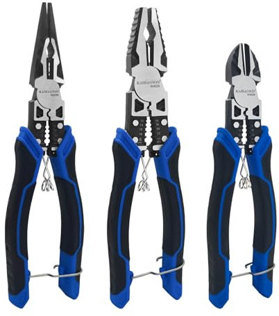 KAIHAOWIN Zangenset 3tlg mit Seitenschneider Linesman Zange und Spitzzange Kombizange mit Drahtschneider Abisolierzange und Crimpzange Elektriker Zangen Set für Heimwerker, DIY, Reparatur