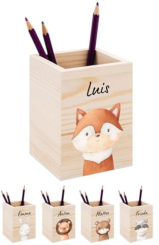 Bärenfreunde® - Personalisierter Stiftehalter Kinder aus Holz - Kreativer und praktischer Schreibtisch-Organizer Kinder mit Namen - Perfektes Einschulung Geschenk und Geburtstag (Fuchs)