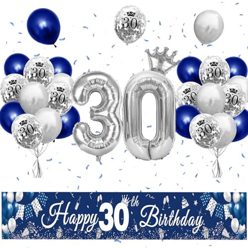 XIEXIESHER 30. Geburtstag Deko, Blau Silber: 29-teiliges Set mit Luftballons, Banner, Kronenballon und mehr für epische 30. Geburtstagspartys für Kinder und Erwachsene