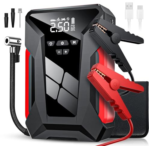 Booster Batterie Voiture, Compresseur d'air Multifonctionnel 4 en 1, 12V 1200A Demarreur Batterie Voiture avec Gonfleur 150 PSI, avec Lampe LED& Pinces de Sûreté Intelligentes