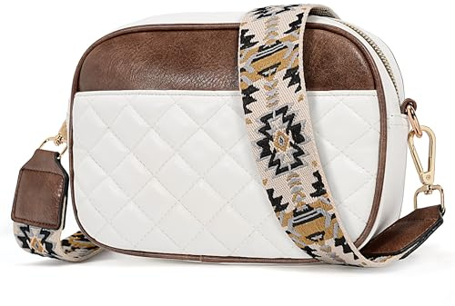 UTO Kleine Umhängetasche Damen Leder Stylisch Handbag Tasche Vielen Fächer Breiter Gurt Crossbody Bag mit Verstellbarer Schultergurt Schultertasche Kunstleder Schachbrett Muster Weiß Braun