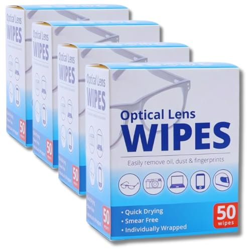 Optical Lens Wipes Bundle - 4 Boxes of 50 Pre-Moistened Optical Lens Wipes (200 Total) - Streak-Free, Quick-Drying, and Anti-Static Cleaning Wipes for Glasses, Cameras, and Screens by Kevagh