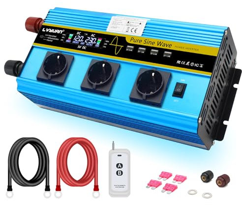 LVYUAN 2500W/5000W Wechselrichter DC 12V auf AC 230V Reiner Sinus Spannungswandler Umwandler Stromwandler Konverter mit LCD, Fernbedienung, 3 AC Steckdosen und 4 USB Ports