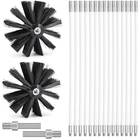Kit Nettoyage Poêle à Granulés, Kit Ramonage Poêle Pellet, Buche de Ramonage Brosse Hérisson de Ramonage Cheminée pour Conduits (6 Mètres en 15 Cannes de 410mm+2 Tête Brosses Nylon 150mm+Accessoires)