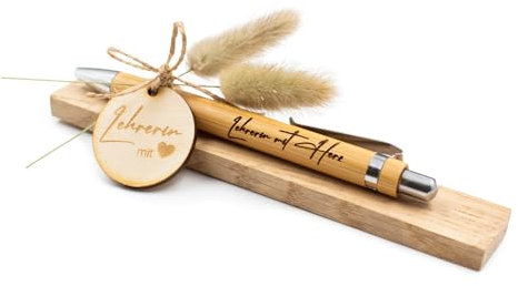 VmG-Store Holz Kugelschreiber als Geschenkidee zum Abschied Wilkommensgeschenk für Lehrerin Arbeitskollege Freundin Freund (Ohne Wunschname, 13 Lehrerin mit Herz)