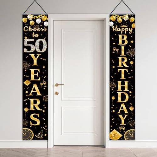 Deko 50. Geburtstag Mann Frau - Geburtstagsbanner Happy 50 Birthday Hintergrund Dekoration Schwarz Gold, Geburtstagsdeko Banner für 50 Geburtstagsparty Zubehör 180 x 30cm