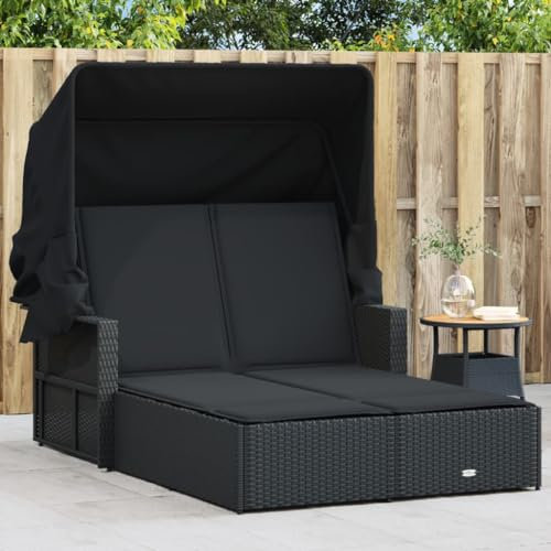 IBUQDDV Terassenmöbel Stuhl Outdoor Campingliege Strandliege Doppel-Sonnenliege mit Dach und Auflagen Schwarz Poly Rattan für Patio Strand Terrasse Pool