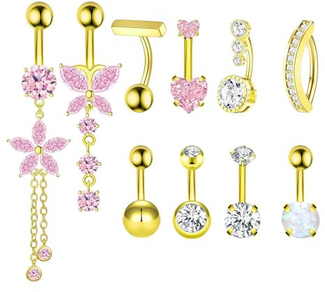 CharmBurst Gold Bauchnabelringe, 14G Acciaio Chirurgico, Design Pendente con Fiore e Cuore, Opale Rosa, Resistente all'acqua, Ipoallergenico, Piercing Ombelico e Gioielli Ombelico
