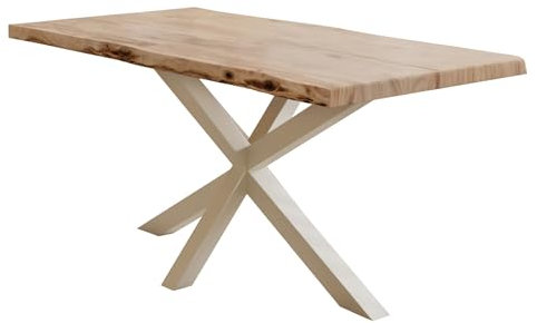 Liadomo Esstisch 200x100 Kopenhagen Natur, Baumkantentisch, Akazie Massivholz Tisch, 50mm Tischplatte lackiert, Robust & Pflegeleicht, Unikat, Spider-Gestell Metall weiß