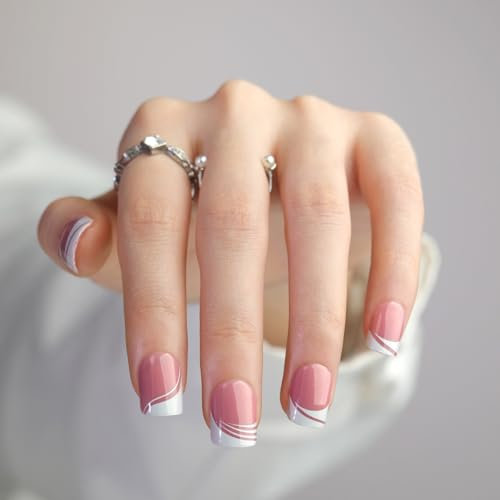 French Tip False Nails - 24pcs Short Square Press On Nails - Nude Pink Stick On Nails with Elegant White Line - Full Cover Long Lasting French Fake nails with Glue for Women Girls