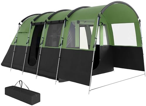 Outsunny 8-Person Camping Tent, 3000mm Waterproof Family Tent w/Bedroom, Living Room, Porch and Sewn-in Groundsheet, Tunnel Design, 4 Large Windows, Top Hook, Portable with Carry Bag, Green