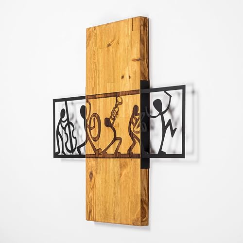 Elegant Decorative Wooden Wall Accessory, Walnut & Black, 58 x 61 cm | 50% Wood (3 cm) & Metal (1.5 mm) | Unique Texture & Color Variations