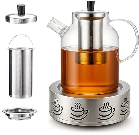 MeYuxg Théière avec Infuseur, 1800 ML Theiere en Verre avec Infuseur avec Réchaud en Acier Inoxydable, Couvercle et Passoire Amovible, pour Chauffer Thé, Thé Aux Fruits,Café