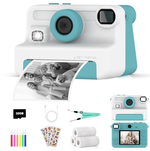 AMZSA Sofortbildkamera Kinder, 1080P HD Kinderkamera Sofortdruck mit 32GB Karte, Digitalkamera Spielzeug Geburtstag und Weihnachten Geschenke für Jungen/Mädchen 3 4 5 6 7 8 9 10 11 12 Jahren (Grün)