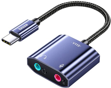 Biaze Y115 USB C a adaptador de audio jack de 3,5 mm, tarjeta de sonido externa con auriculares y micrófono TRS hembra de 3,5 mm a tipo C, compatible con Windows, portátiles, ordenadores de escritorio