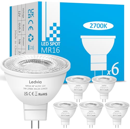 Ledvia GU5.3 MR16 LED Bulbs, 12V 5W (50W Halogen Equivalent), Warm White 2700K, 391LM, 38° Beam Angle Bi-Pin LED Spotlight Bulbs for Track, Landscape & Indoor Lighting, 6-Pack