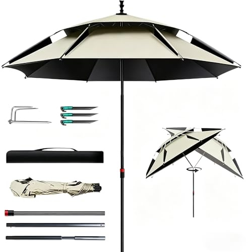 Sombrilla Playa Plegable Ø 160 cm con Estaca para Césped,Sombrilla Terraza Giro de 360°Parasol Jardin Incluye bolsa de transporte,guarda sol protección UV 50 para jardín, terraza o playa (caqui)