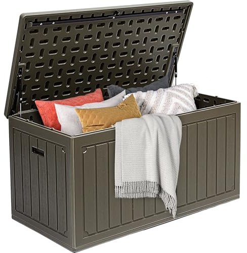 DWVO 340L Resin Aufbewahrungsbox für Außen, Doppelwandige wasserdichte Gartenbox mit Holzmaserung, Abschließbare Aufbewahrungsbox als Tisch oder Sitzbank (204 kg Belastbarkeit) – Hellbraun