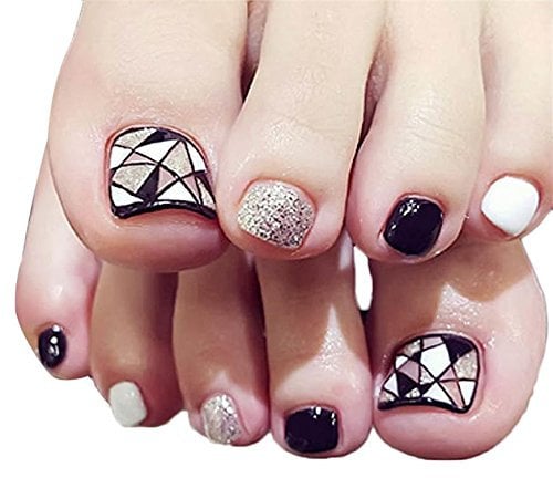 YONAIL 24Pcs Fake Toenails for Women False Toe Nail for Big Toes French Full Cover Square Toe Nail Tips with Glue Sticker (Black White)