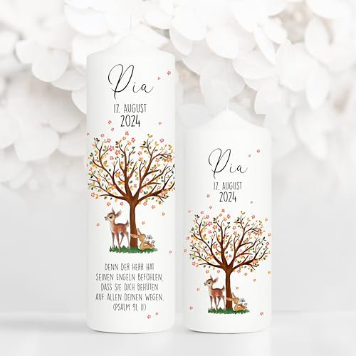 Wandtattoo Loft Taufkerze Mädchen oder Junge mit Taufspruch + Patenkerze, Motiv mit Baum, Reh und Hase, 25cm x 7cm, personalisierte Kerze, bedruckte Kerze zur Taufe, Stumpenkerze, Taufgeschenk