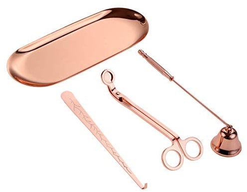 MUXSAM 4pcs Candle Snuffer,Candle Wick Trimmer,Candle Tray & Candle Core Hook Candle Accessory Set - Candle Care kit -Candle Stainless Tools Pack Rose Gold